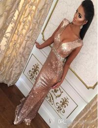 Sparkly Rose Gold Mermaid Evening Dresses Long Sequins Prom Gowns Open Back Party Dresses Evening Wear Crystals Women Formal Dress9764176
