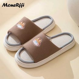 Slippers New Cow Women Shoes Summer Linen Indoor Non-Slip Cute Cartoon Sandals House Flip Flops Kaii Slides Ladies01JVWD H240322WVDC H240322