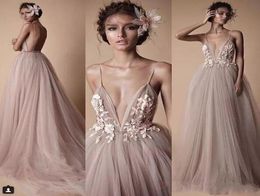 2021 Berta Evening Wear Formal Dresses Sheer Tulle Lace Floral Spaghetti Sweep Train Backless Holiday Party Prom Dress4517095