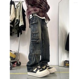 Men's Jeans Patchwork Blue Cargo Unisex Straight Casual Trousers Men Muti-pockets Hip Hop Streetwear 90s Vintage Fashion Pants