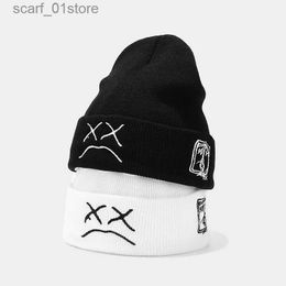 Hats Scarves Sets Beanie knitted hat hip-hop style embroidered knitted hat with sad expression warm wool hat suitable for both men and womenC24319