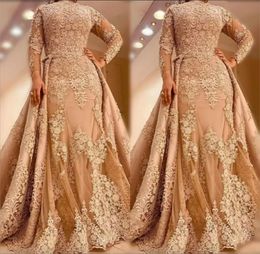 Long Sleeves Evening Dresses Jewel Neck Lace Applique Overskirt Sweep Train Custom Made Plus Size Prom Party Formal Gowns Vestidos