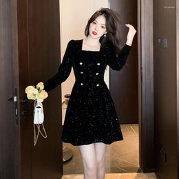 Casual Dresses QW Sweet And Spicy Style Retro Black Autumn Winter French Sexy Shining Tight Dress