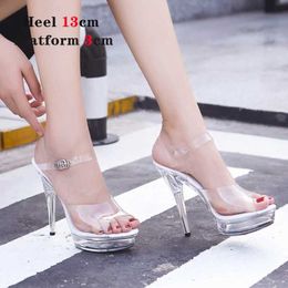 Dress Shoes New Sexy Versatile Fashion Womens 15cm Thin Heel Transparent Catwalk High Heels Crystal Sandals Model PerformanceWVJC H240321