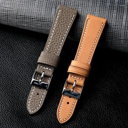 Watch Bands Light Brown Grey Leather Watchband 18 19 20 22MM Quick Release Lugs Lychee Pattern Top Layer Cowhide Bracelet Vntage