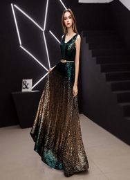 New arrival Vneck sleeveless evening dresses prom dress Classic formal gown long lace dark green gold sequins laceup style 20217062172
