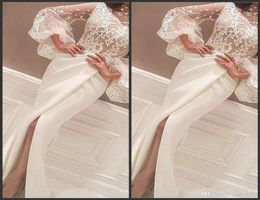 2019 Newest Evening Dresses Gowns Floor Length High Neck Lace Appliques Long Big Sleeve Mermaid Side Slit Prom Dresses White Arabi8708364