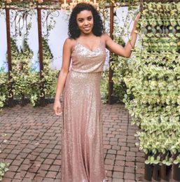 Sparkly Rose Gold Sequined A Line Bridesmaid Dresses V Neck Boho Spaghetti Strap Floor Length Garden Wedding Party Dress 2019 Plus1722970