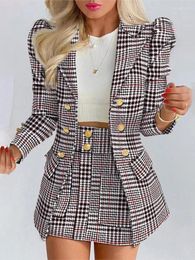 Work Dresses Women's Plaid Print Jacket With Mini Skirt Two Piece Sets Spring Autumn Long Sleeve Button Open Blazer Coat & Short Skirts Suit