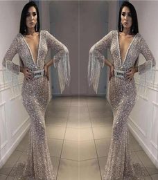 2019 Cheap Silver Sequins Prom Dress Plunging V Neck Long Sleeves Pageant Holidays Graduation Wear Evening Party Gown Custom Made 1236209