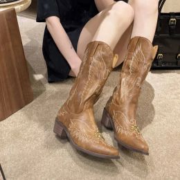 Boots Western Cowboy Boots Fashion Embroidery Chunky Wedges Woman Shoes Pointed Toe Embossed Pu Leather Shoe KneeHigh Heel Boot