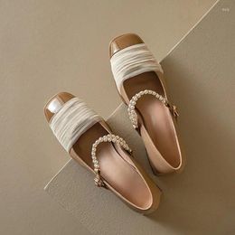 Dress Shoes Flat Single Women 2024 Spring Light Luxury High Heels Niche Pearl Ribbon Shallow Mouth Bean