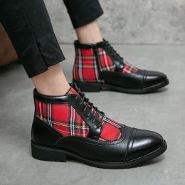 Plaid Ankle Boots for Men Zip Round Toe Fashion Handmade Ethnic Pu Botines Hombre Shoes for Men with