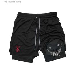 Men's Shorts Anime Berserk Running Shorts Men Fitness Gym Training 2 in 1 Sports Shorts Quick Dry Workout Jogging Double Deck Summer Y240321