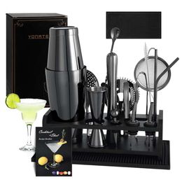 Boston Shaker Set, 18PCS Bartender Kit Set with Stand & Recipe, Mats Bartending, Professional Barware Tools Tail Kit, for Drink Mixing Bar Party, Black