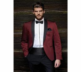 Fashion Style One Button Burgundy Groom Tuxedos Groomsmen Men039s Wedding Prom Suits Bridegroom JacketPantsGirdleTie7551163