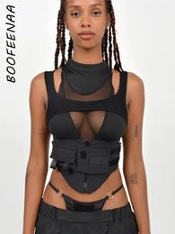 BOOFEENAA Street Fashion Sexy Black Cropped Tank Top See Through Mesh Patchwork Techwear Sleeveless Tshirts for Women C87-EZ25 240314