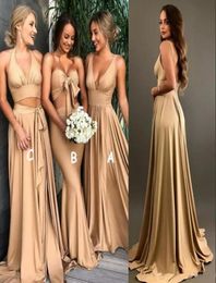 Sexy Gold Bridesmaid Dresses with split V Neck Long Boho country beach Maid of Honour Gowns Plus Size Wedding prom party Guest Wear4411989