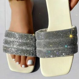 Slippers Womens Rhinestone Wide Strap Square Toe Flip Flops Flat Sandals Ladies Shoes Female Bling LuxuryBSCN H240321