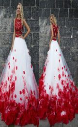 Two Pieces Red and White Prom Dresses A Line Lace Floral Flowers Evening Gowns Jewel Neck Formal Party Dress4111093