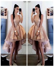 Bling Bling Sequins Rose Gold High Neck Prom Dresses 2020 Sexy Short Front Long Back Sleeveless Formal Party Evening Gowns vestido8384755