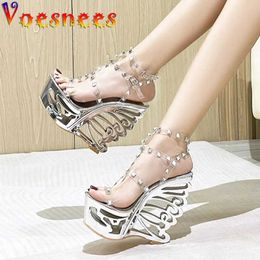 Dress Shoes New 2022 Womens Rivet Transparent Sandals Hollow Out Wedge High Heel Shoe Silver Super Nightclub Steel Tube Dancing H240325
