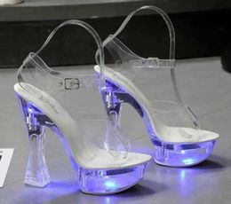 Dress Shoes Square Heels Glowing Sandals Women Summer LED Flowers Transparent High Shining Platform Thick Heel Ladies Banquet H2403251