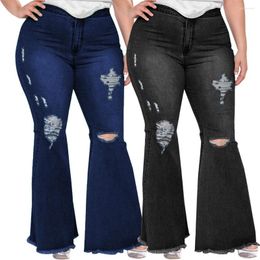 Women's Jeans European And American Plus Size Women Fashion Holes Ripped Washed Flare High Waist Denim Pants 4XL 5XL Trousers