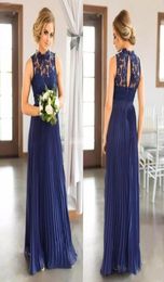 Navy Blue Boho Country Long Bridesmaid Dresses 2020 High Neck Keyhole Back Lace Chiffon Pleated Maid Of Honour Gowns Wedding Guest 6655917