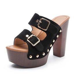 Dress Shoes High Heels Sandals Women Outdoors Sexy Thick Platform Slippers 2022 New Rivet Pumps Summer Plus Size Suede Buckle Strap H240325