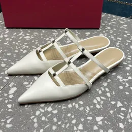 Summer 2024 New Pointed Toe Ladies Slippers Full Of Advanced Sense Metal Rivet Decor Sandals Narrow Band Design Real Leather Material Female Home Shoes