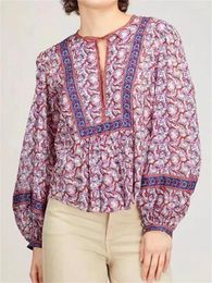 Women's Blouses 2024 Spring Cotton Floral Print Lace-Up Collar Fashion Loose Fit Casual Long Sleeve Shirt