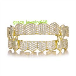 De Iced Out Fashion Trendy Jewelry Hiphop Bling Brass Brace Teeth Cap Devil Vampire Sharp Canine Toor Set