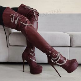 Boots LAIGZEM Women Thigh High Platform Boots Metal Chains Thin High Heels Boots Over Knee Side Zip Shoes Woman Plus Size 42 45 50 52