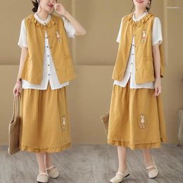 Work Dresses Sweet Waistcoat And Skirt Suit Women's Summer Doll Collar Vest Jacket Two-Piece Set Casual Loose Embroidery Outfits Z1509