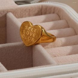 Cluster Rings TAUAM Vintage SELF LOVE CLUB Ring Motto Engraved Heart Shaped Stainless Steel Gold Plated For Women Men Party Jewellery