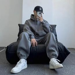 Men's Tracksuits Autumn Winter Grey Sweatshirt Set Simple High-end Street Loose Velvet Thickened Sports Suit Men Women Aesthetic