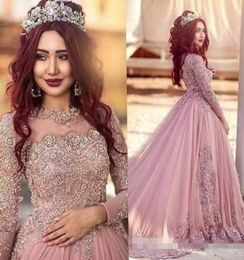 Luxury Dusty Pink Arabic Wedding Dresses Jewel Neck Beaded Crystal Chapel Train Tulle Illusion Long Sleeves Wedding Gown vestido d6123658
