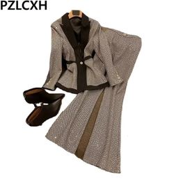 Pzlcxh Sequins Women Suits Office Sets Fashion Slim Single Button Turn Down Collar Blazers Vintage Flare Pants OL 240309