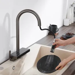 Kitchen Faucets Brass Sink Faucet Single Hole Multifunctional Rotatable Digital Display Waterfall Water Outlet Pull-out Cold And