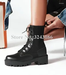 Boots Fashion Design Elastic Flat Casual Ankle Lady Sexy Black Leather Lace-up Dress Short Women Large Size Knight