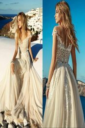 Vintage Lace Beach Boho Wedding Dress 2020 champagne Vestido de Noiva Sexy See Through Tulle Short Sleeve Wedding Gowns6931994