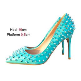 Dress Shoes Spring New Silver Rivet High Heels Shoe 10CM Blue Pointed Toe Pumps 2023 Fashion Thin Heel Womens Single Trend Punk Style91ZY H240321