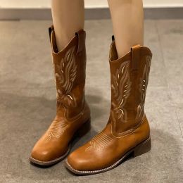 Boots Retro Embroidered Western Boots for Women 2024 Autumn Winter PU Leather MidCalf Boots Woman Thick Heeled Cowboy Booties Female