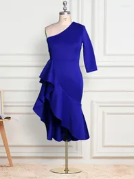 Party Dresses 2024 Asymmetry Elegant Blue Sexy One Shoulder Women Bodycon Ruffles Prom Robe Irregular Slim Fit Dinner Dress