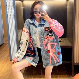 Block Jean Colour Windbreaker Hippie Embroidered Cute Womens Printed Coat High School Office Jeans Cartoon Jacket Women Designer