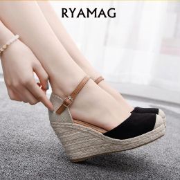 Sandals RYAMAG 9cm Women Platform SHEOS Wedge Sandals Hemp Rope Straw Mat Weave High Heel Sandals Mary Jane Plus Size Ladies Sandals