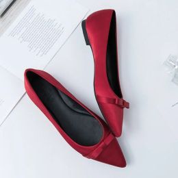 Boots Spring Pointed Single Silk Flat Shoes Woman Size 33 43 44 Shallow Mouth Bow Satin Black Red Allmatch Women's Flats