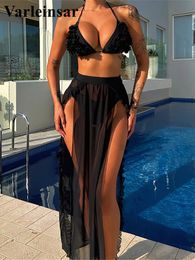 XS - L Ruffled Halter With Skirt Bikini Women Swimwear Female Swimsuit Three-pieces Bikini set Bather Bathing Suit Swim V4703 240314