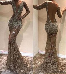 2020 Sexy Sparkly Mermaid Evening Dresses Sheer Neck Long Sleeves Sequins Crystal Beaded Split Formal Evening Gowns Red Carpet Par4991205